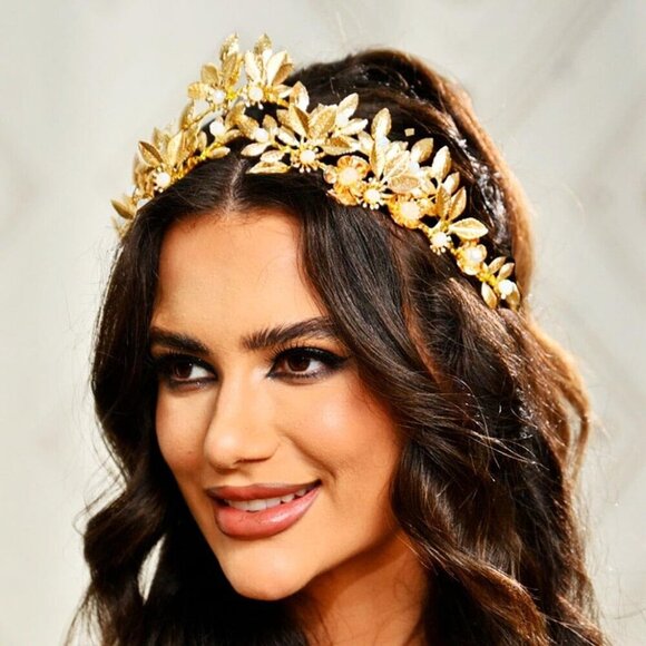 Gold Leaf Bridal Tiara Rhinestones Wedding Crowns Headpiece for Women main image 4